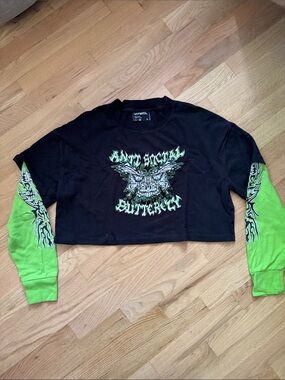 Vitriol Women’s Large Black Green Butterfly Graphic Layered Crop Top